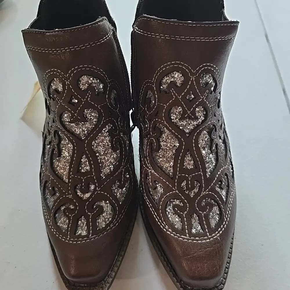 Ariat Lil Stompers Girls Dixon Amy Silver Glitter Inlay Tan Booties‎ Size 6 NWT